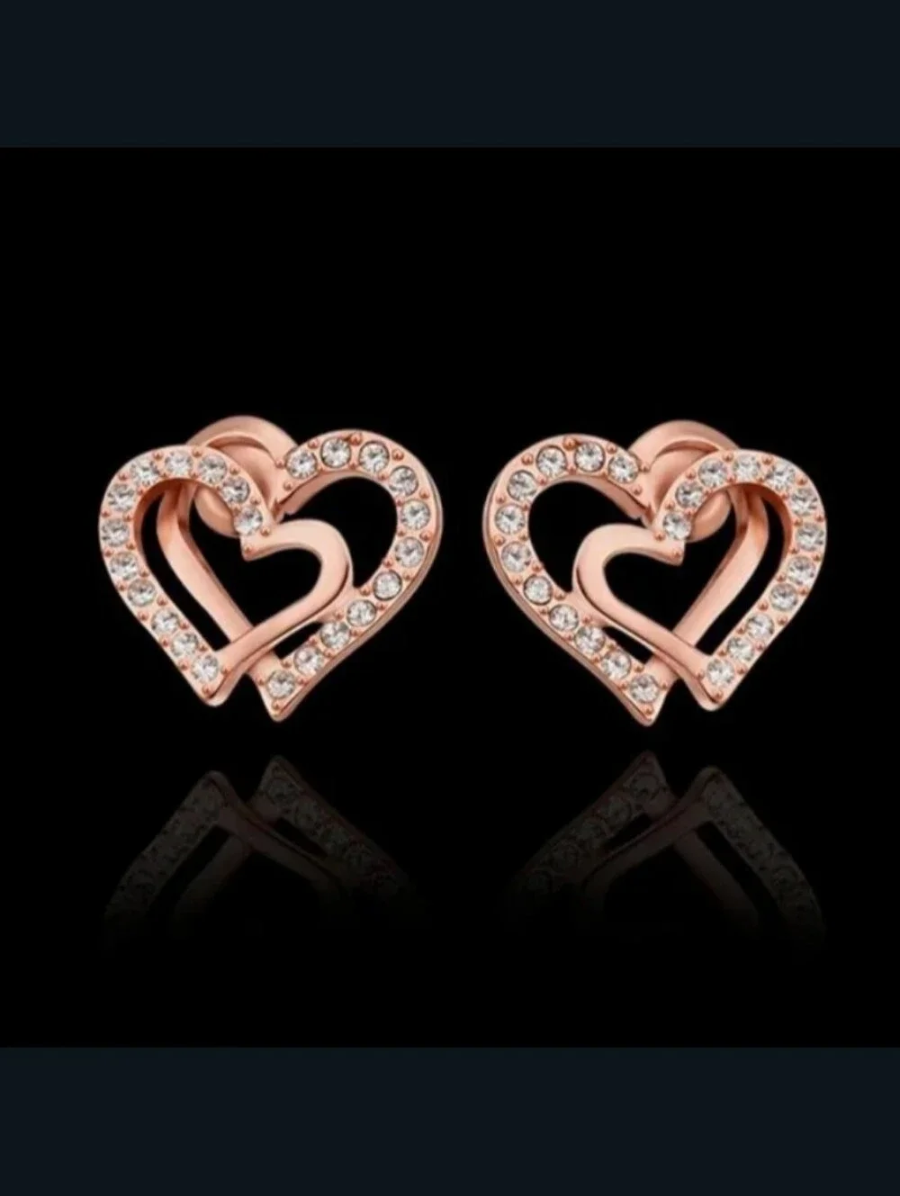 Rose Gold Crystal Heart Stud Earrings - Women Jewelry